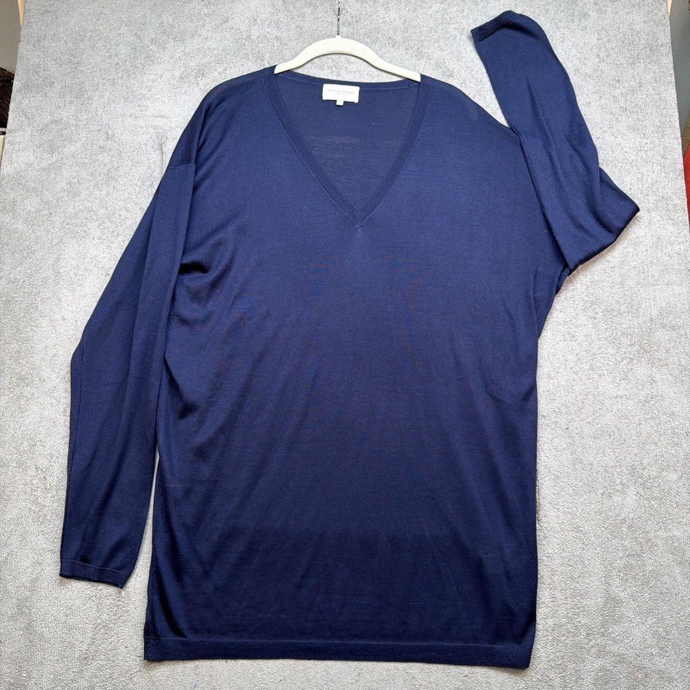Eric‎ Bompard Sweater Silk V Neck Fine Knit Navy Blue XL